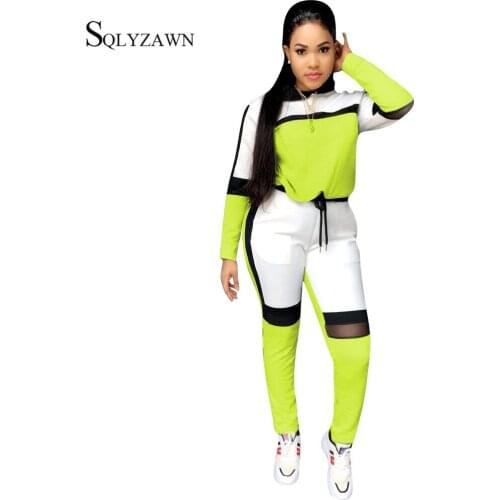 Autumn Mesh Color Block Tracksuit Women 2 Piece Outfits Long Sleeve Hooded Top + Pencil Sweatpant Women Matching Set Sweatsuit