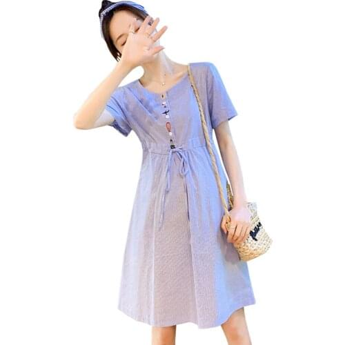 Striped Embroidery Adjustable Thin Maternity Dresses Maternity Clothings Pregnant Women Loose Pregnancy Clothes 2021 Autumn