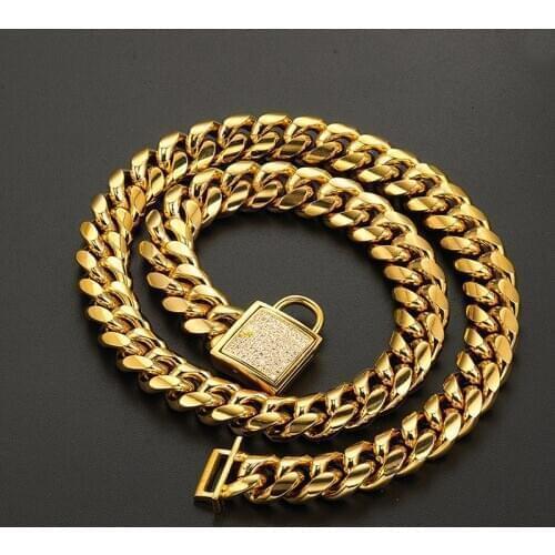 Luxury Dog Collar Durable Stainless Steel 14mm Gold Big Dog Training Collar Cuban Link with Zirconia Lock Necklace Chain for Dog