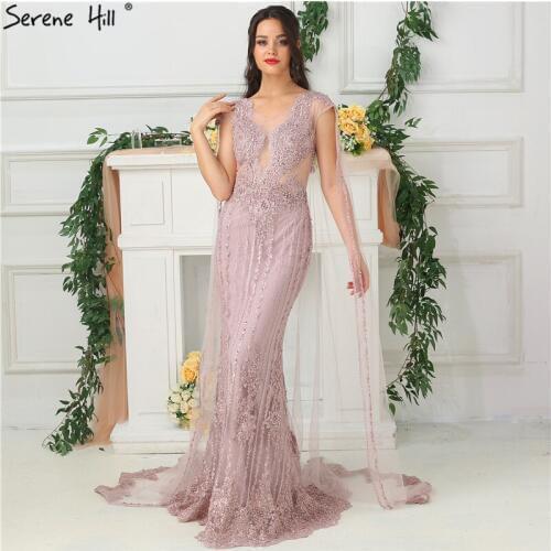 Pink Mermaid Elegant Lace Pears Evening Dresses 2020 Sleeveless V-Neck Fashion Formal Evening Dress Serene Hill BLA6595