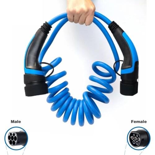 IEC 62196-2 EV Charging Coiled Cable For Stations Electric Car Spiral Cord Charger Type 2 To Type 2 32A 22KW 12/15/20M blue