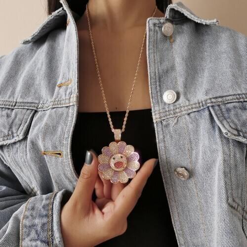 TIMEONLY Exaggerated Shiny Crystal Sunflower Smile Pendant Necklaces Rainbow Alloy Necklaces for Women Girl Sweet Jewelry