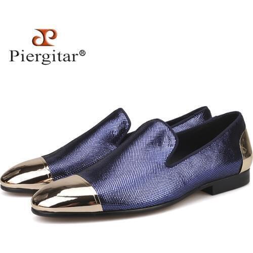 Piergitar new style three colors plaid sheepskin men shoes with front and back metal toe Handmade Banquet and Prom mens loafers