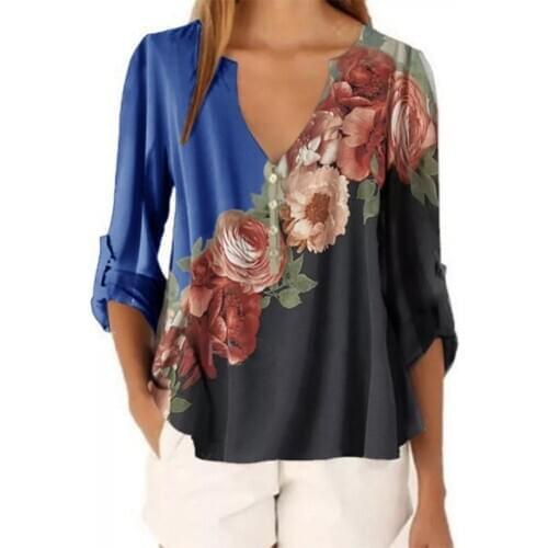 Vintage Women V Neck Long Sleeve Floral Print Color Block Loose Blouse Top Shirt Floral Print Color Block Loose Blouse Top Shirt