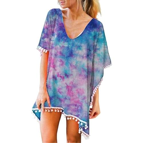 Vintage Beach Cover Up Womens Trim Kaftan Chiffon Tassels Swimwear Beach Loose Bikini Cover Up Tops Tunic Long Pareos Dress