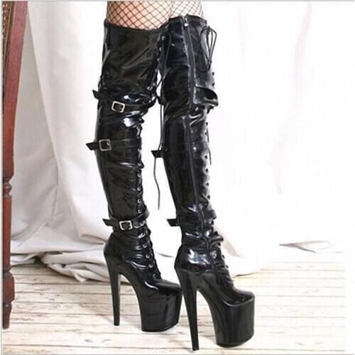 Women Punk PU Long Boots Sexy Shiny Black Red Cross-tied Belt Buckle Platform Stiletto High Boots Dancing Shoes Cosplay Clubwear