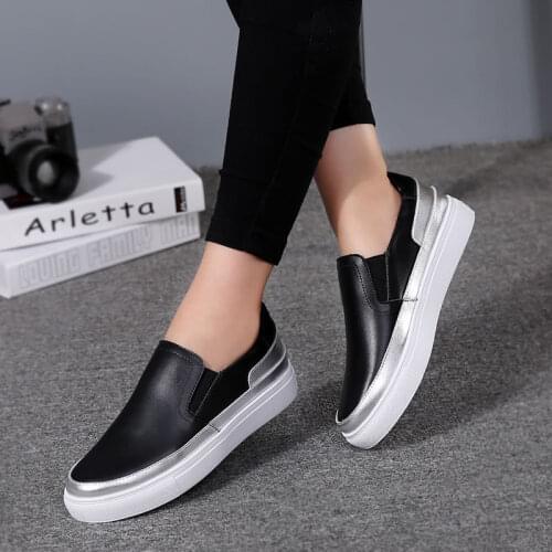 2021 Autumn Womens Shoes Genuine Leather Flat Preppy Style White Shoes Genuine Leather Non-Slip Stylish Loafers Women