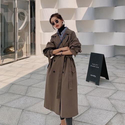 Women Trench Coat Casual Womens Long Outerwear Loose Overcoat with Belt Spring Fashion Double-breasted Windbreaker Femme