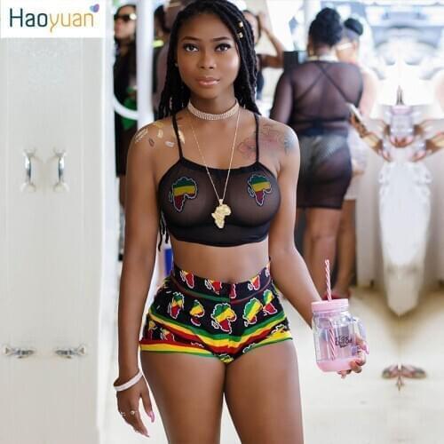 ZOOEFFBB See Through Lace Sexy Two Piece Set Halter Off Shoulder Top And Shorts Summer Beach Bathing Suit Printing Women Outfits