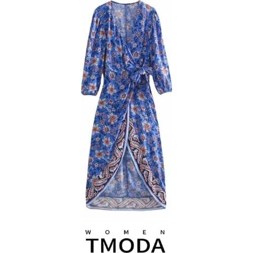 TMODA1584 Za Summer Women Fashion Bow Tied Floral Print Midi Dress Vintage V Neck Three Quarter Sleeve Female Vestidos Mujer