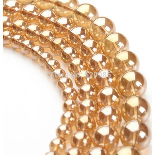 Gold Champagne Transparent Metallic Titanium Coated Natural Quartz Crystal Glass Smooth Round Beads 4mm 6mm 8mm 10mm 12mm GB056