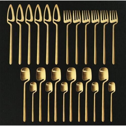 24Pcs/Set Matte Gold Dinnerware Set 18/10 Stainless Steel Knife Fork Spoon Cutlery Set Tableware Silverware Set Dropshipping