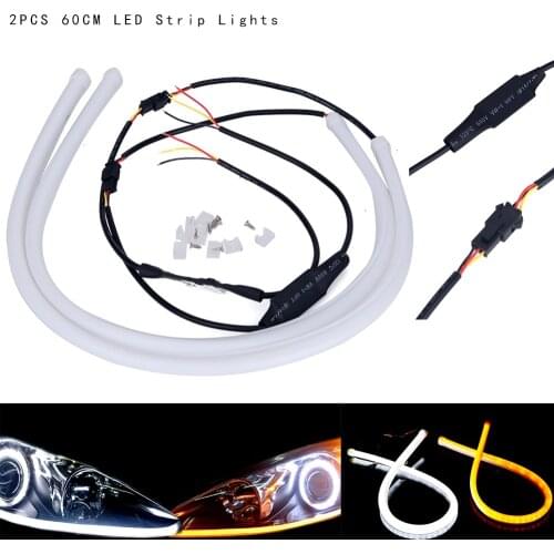 2X 60CM DRL Flexible LED Tube Strip Daytime Running Lights Turn Signal Angel Eyes Car Styling Parking Lamps Switchback Headlight