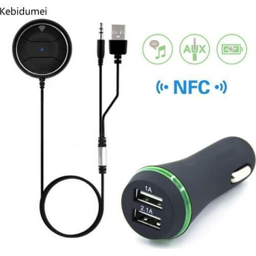 Kebidumei Bluetooth 4.0 car Kit Music Handsfree Speaker NFC phone with 3.5mm AUX In + Dual USB 2.1A car Receiver