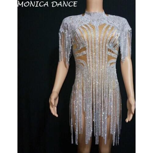 Sexy Silver Rhinestones Fringes Bodysuit Birthday Celebrate Costume Female Singer Bling Tassel Leotard Stage Dance Bodysuit