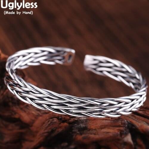 Uglyless Unisex Twist Bangles for Men Women 100% Real 999 Full Silver 8MM Width Open Bangles Thai Silver Simple Fashion Jewelry