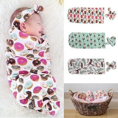 Newborn Baby Infant Girls Boys Cotton Swaddle Blanket Wrap Sleeping Bag+Headband 2pcs 0-12M