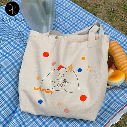 Ladies Canvas Shopping Bag Women Kawaii Doll Color Polka Dot Printing Handbag Large Travel Totes Girls High-Quality Grocery Bags
