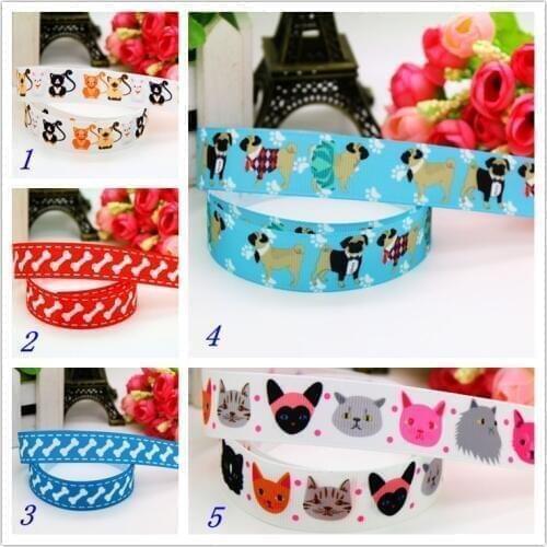 7/8'' Free shipping cat pug dog bone printed grosgrain ribbon hairbow headwear party decoration diy wholesale OEM 22mm P5979