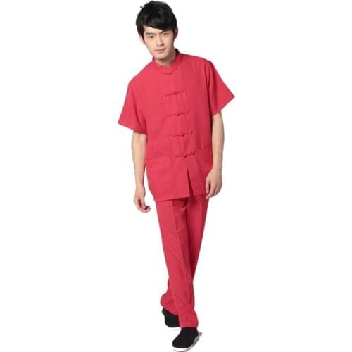Chinese Traditional Mens Cotton Linen Kung Fu Suit New Red Short Sleeve Wu Shu Sets Shirt&Pant Uniform S M L XL XXL XXXL