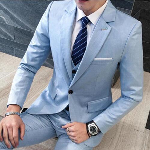 Korean Business Casual Suit Three-piece Blazer Vest Trousers Set Simple Solid Color Grooms Wedding Party Clothing