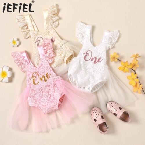 Baby Girls One Year 1st First Birthday Party Mesh Lace Dress Cute Sleeveless One Letter Print Infant Baby Girls Tulle Tutu Dress