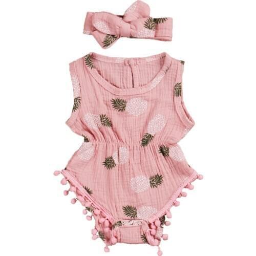 0-24M Summer Newborn Baby Girls Sleeveless Flower Print Tassel Romper With Bowknot Headband 2Pcs Clothing