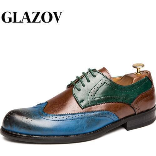 Big Size 38-47 Men Oxfords Leather Shoes British Green Blue Shoes Handmade Comfortable Formal Dress Men Flats Lace-Up Bullock