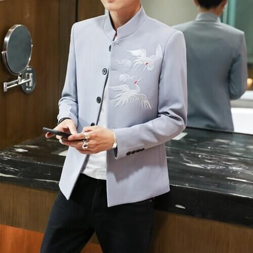 New Mens Blazers Jackets Chinese Style Single Breasted Men Casual Coat Embroidery Stand Collar Size M-XXXXL G06