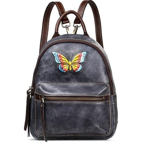 New Women Butterfly Backpack Travel Bag Daypack Brush Color Large Knapsack Cowhide Vintage Genuine Leather Girls School Rucksack