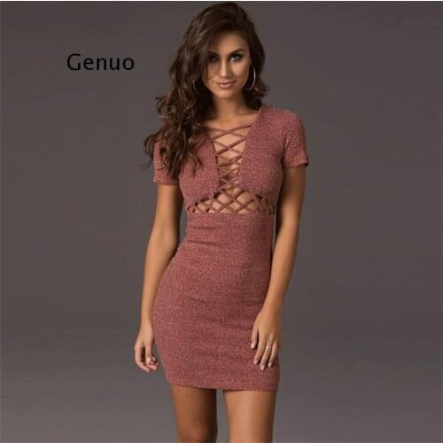 Autumn winter knitted lace up dress women Sexy red bodycon dress vestidos Elegant party short sleeve girls dress