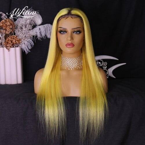 ALIFITOV Ombre Yellow Lace Front Wig Human Hair Wigs Transparent Lace Frontal Wig Bone Straight Human Hair Wigs For Women