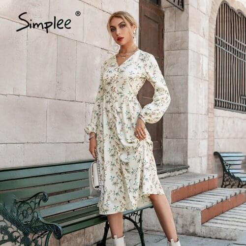 Simplee Holiday v-neck A-line lantern sleeves floral printed women dress autumn Elegant split maxi dresses Female button vestido