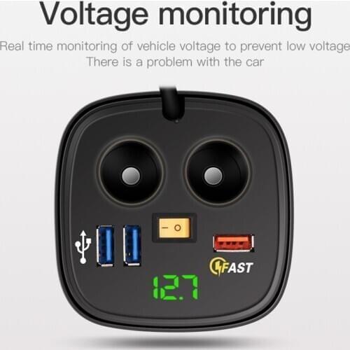 SUV Car Cup 2 Socket Splitter 3 QC3.0 USB Charger with Voltmeter On/Off Switch