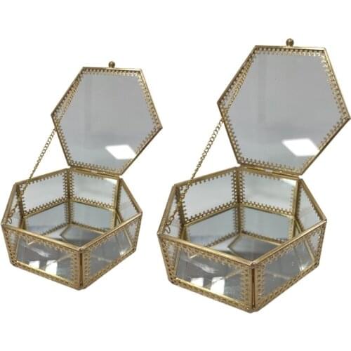 Hexagon Gold Brass Glass Ring Trinket Box Mirror Wedding Ring Box Geometric Clear Glass Jewelry Box Tabletop Organizer
