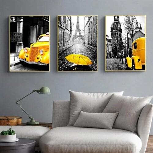 Nordic Canvas Painting Retro European City Scenery Picture Home Decor Wall Art Yellow Car Balloon Posters and Prints for Bedroom
