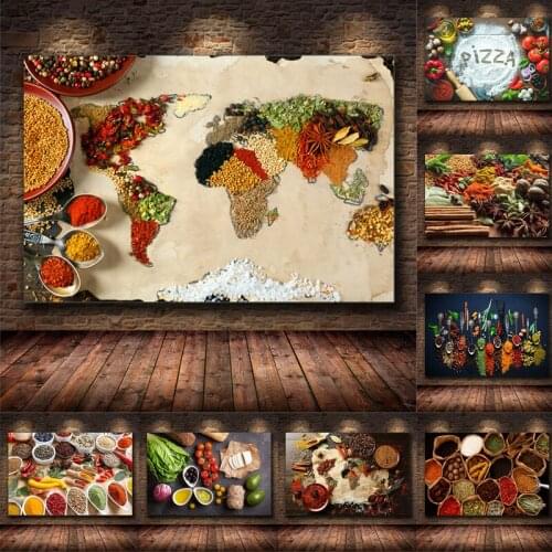 Modern Kitchen Painting Art Wall Pictures Pizza World Map Food Art Print Picture Seasoning Postera and Printa Living Room Decor