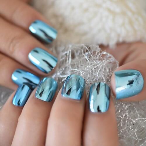 Light Blue Stickers On Nail Tips Short False Nail Squoval Shape Fake Nail Mirror Surface For Girl