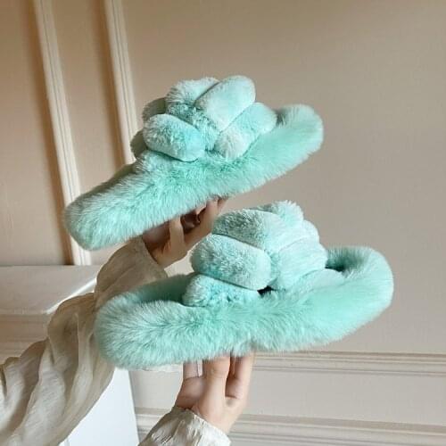 Slipper Woman plush slipper Winter warm fur faux fur woman low heel suede low heel flats flip-flops plus-size 35-42