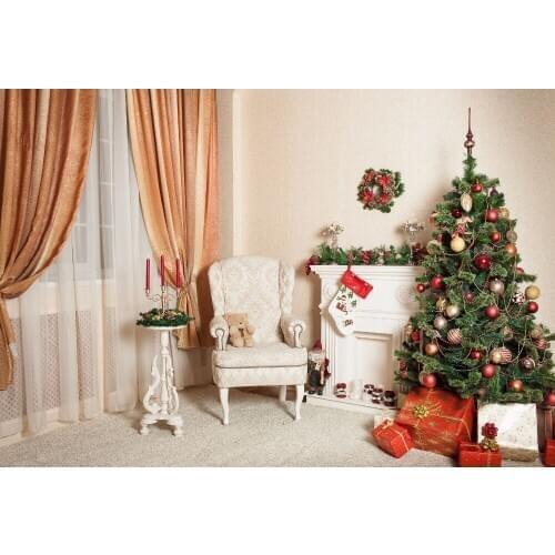VinylBDS No Wrinkles Wood Floor Christmas Photo Backgrounds Cute Bears For Newborn Photo Green Tree Fireplace Backdrops