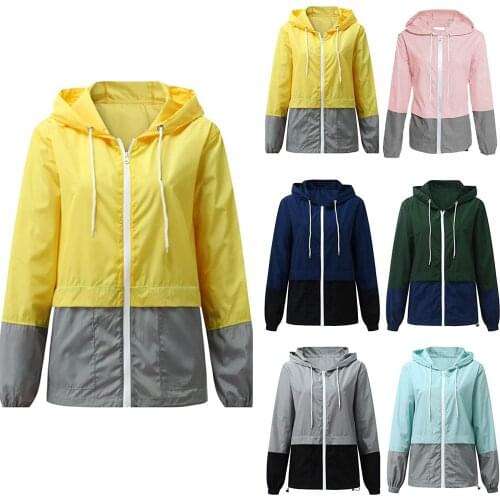 Women Packable Rain Jacket, Outdoor Color Block Hooded Windbreaker with Drawstring puwd official store fall clothes for women