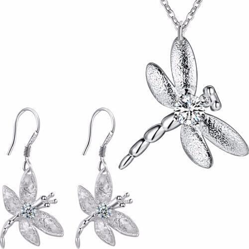 Lose Money Silver color Cute Jewelry Sets Necklace Earrings Dragonfly 18 Inch Womens Cz Stone Cz Shiny Jewelry CYPRIS