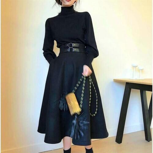 Runway New Woman Spring Winter Elegant Black Turtleneck Tops And Long Black Party Skirt Suits Twinset NS361