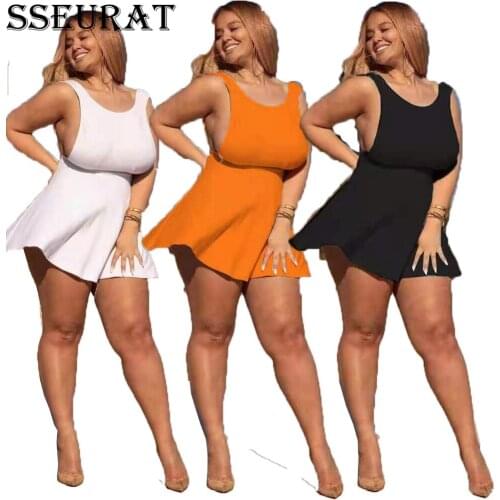 SSEURAT Women Plus Size Dress Solid Sleeveless Bodycon Mini Dresses Sexy Fashion Outfit Summer 2021