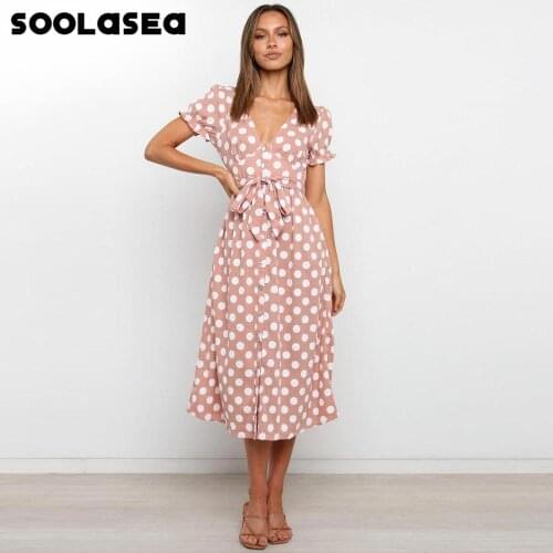 Soolasea Casual Polka Dot Dress Short Sleeve Holiday Style High Waist Buttons Women Dress Fashion Summer Midi Dresses Vestidos