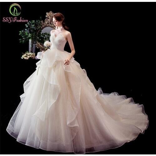 SSYFashion New Wedding Dress for Women Bride Married Sexy Strapless A-line Shining Wedding Dress Custom Vestido De Noiva