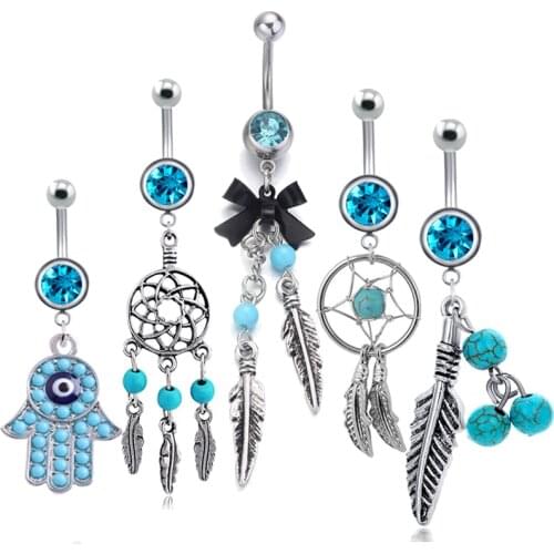 1PC 2020 Mix Belly Rings for Women Dream Catcher Cross Rose Flower Dangle Navel Belly Bar Button Rings Body Piercing Jewelry