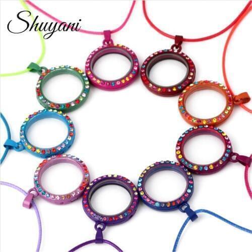 10pcs/lot 30mm Round Colorful Rhinestone Floating Locket Magnetic Glass Living Floating Charms Locket Pendant Necklace Women
