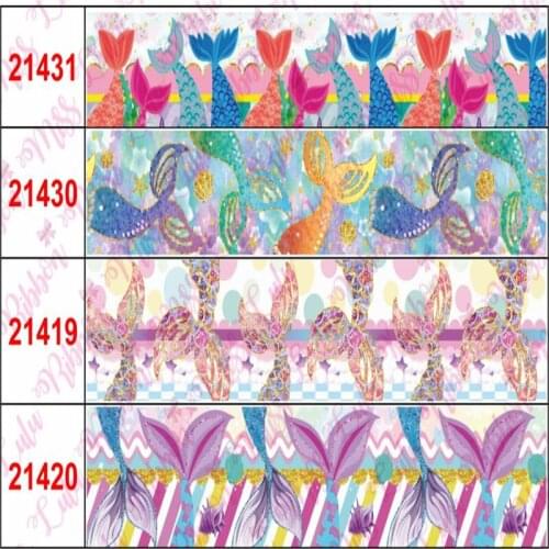 16mm-75mm Cartoon Mermaid Tail Series Colorful Scale Printed Grosgrain/Foe Ribbon DIY Hair Bowknots Party Decor 50yards/roll