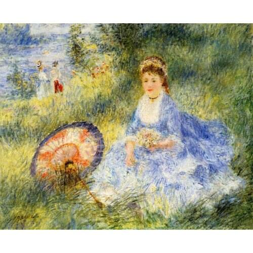 Antique Oil Painting Portrait - Young Woman with a Japanese Umbrella by Pierre Auguste Renoir Hand-painted Painting
